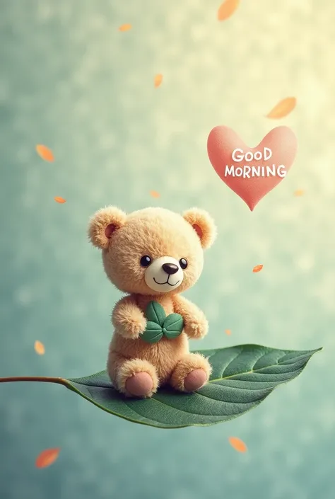 Morning blessing, mini Baby teddy bear, sitting on a flying big “black poplar” leave, background flying watery drops, pantone “sand dollar” soft brush wall, “GOOD MORNING” word in blue in “highest” font style in a heart shaped chat box on right, romantic s...