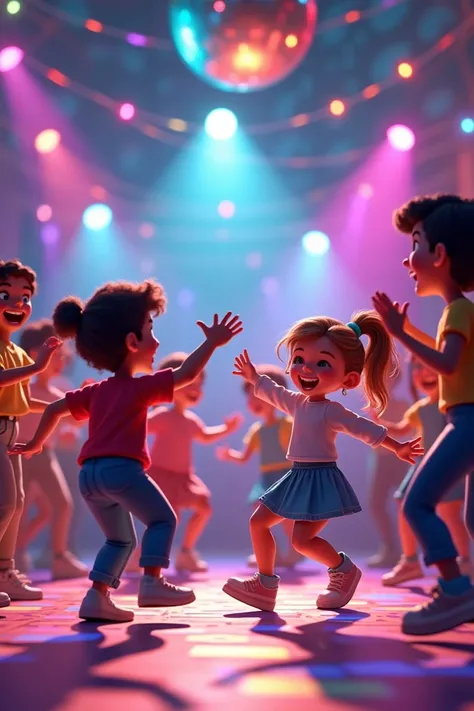 "Render a 3D cartoon-style dancing scene under string lights and a disco ball. The area is vibrant and festive, with cartoon-style characters of all ages dancing in circles, laughing, and clapping. ren are twirling with oversized glow sticks, and adults ar...