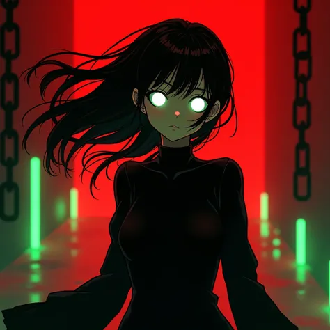 Anime girl and the body is fully black only eyes are glowing with white effects and red background with lots of green neon effects and black chain flying besides her far distance view And her hairs are flying Opera