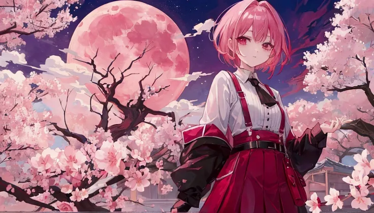  top quality 、masterpiece、Big Moon、reddish sky and clouds、cherry blossoms、 Pink Hair、 short hair with shadows、 vampires 