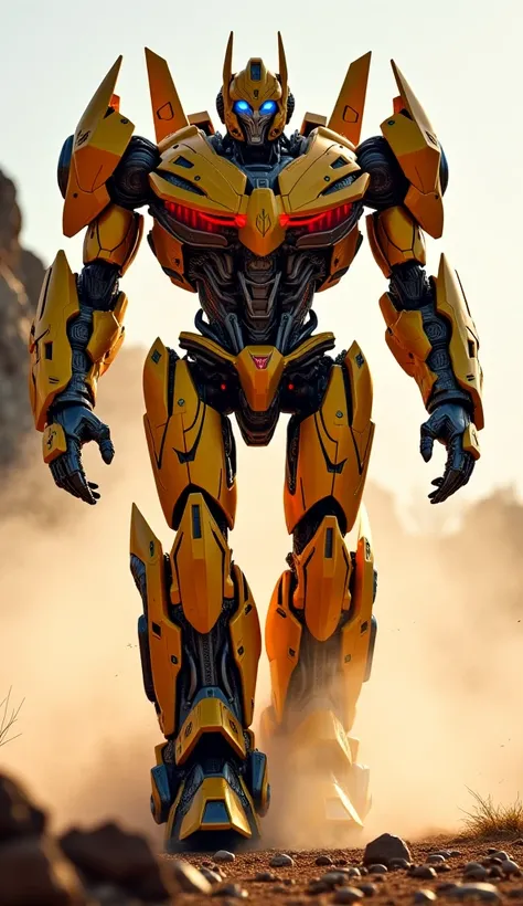 A jaw-dropping, realistic Transformer in bold yellow and red emerges from the shadows, walking confidently toward the camera. Its metallic armor gleams under the sunlight, with intricate engravings and glowing energy lines pulsing through its massive frame...