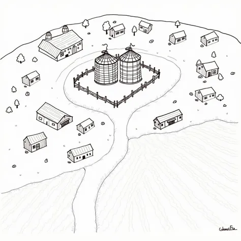 Create a black-and-white, hand-drawn map of a rural farm or village. Include two large silos at the center surrounded by fences, multiple barns and houses, clusters of trees, and a winding dirt path connecting all the structures. Add small details like bar...