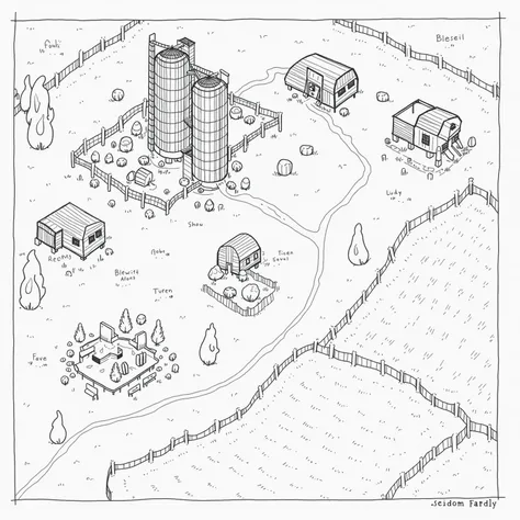 Create a black-and-white, hand-drawn map of a rural farm or village. Include two large silos at the center surrounded by fences, multiple barns and houses, clusters of trees, and a winding dirt path connecting all the structures. Add small details like bar...