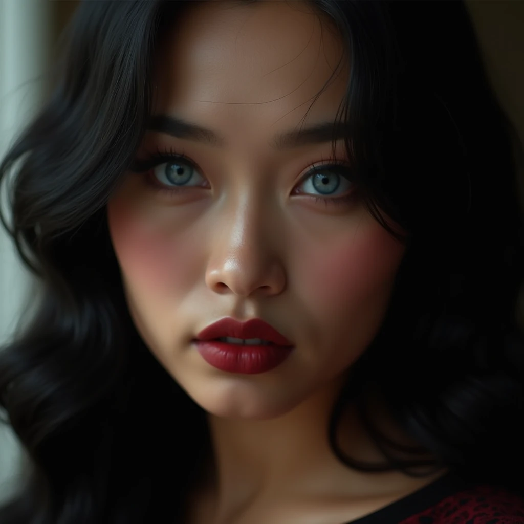 30 years,  native Indonesian woman  ,
(( close up photo )) : big eyes,  blue soflens eyeball , thick eyebrows, eyebrow detail ,  very thick sensual lips ( detail) , maroon lipstick ( detail) ,  very white facial skin,  big round boobs ,  wavy long faceted ...