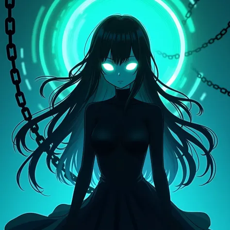 Anime girl and the body is fully black only eyes are glowing with white effects and blue background with lots of gred neon effects and black chain flying besides her far distance view And her hairs are flying 