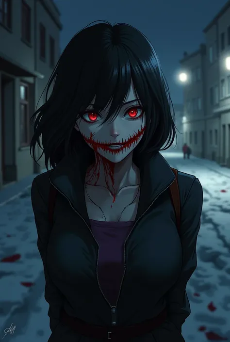 1girl, horror art, masterpiece, intricate details, mature woman, scar across whole the mouth, seductive look, slutry look, red eyes, black hair, winter clothes, long scar, scar is across the whole mouth, tall body, seductive smile, night time, empty street...