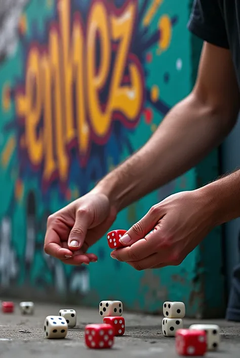 Hand rolling dice on the grafitti wall with text on the wall STREET VIBES