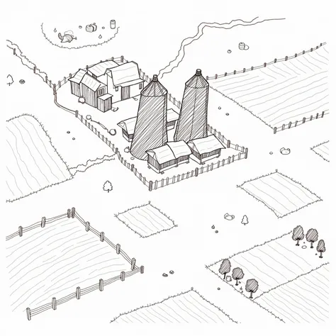 Create a black-and-white, hand-drawn map of a rural farm or village. Include two large silos at the center surrounded by fences, multiple barns and houses, clusters of trees, and a winding dirt path connecting all the structures. Add small details like bar...