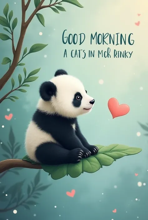 Morning blessing, mini Baby black and white panda, sitting on a flying big “black poplar” leave, background flying watery drops, pantone “sand dollar” soft brush wall, “GOOD MORNING” word in blue in “bailey” font style in a heart shaped chat box on right, ...