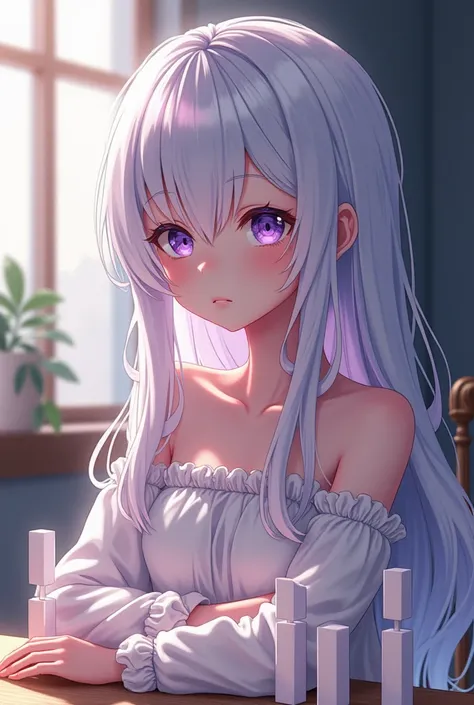 Anime girl with long white hair,  with purple eyes sits on the desk. And next to her, a 3D inscription  "pipikin"