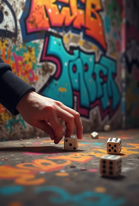 Hand rolling dice on the grafitti wall with text on the wall STREET VIBES