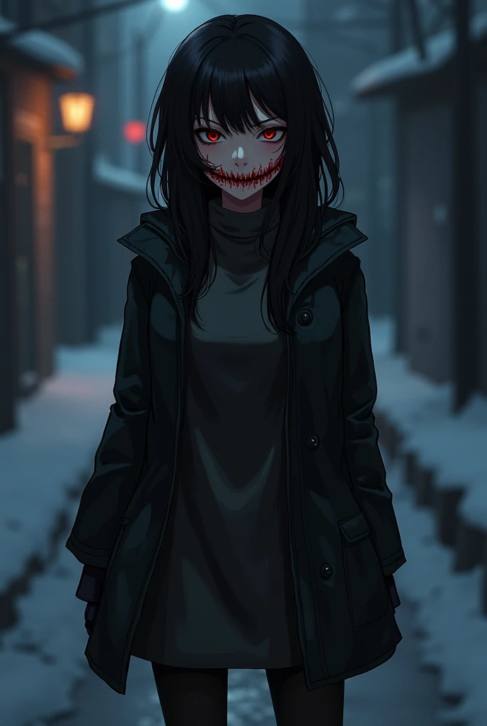 1girl, horror art, masterpiece, intricate details, mature woman, scar across whole the mouth, seductive look, slutry look, red eyes, black hair, winter clothes, long scar, scar is across the whole mouth, tall body, seductive smile, evil smirk, night time, ...