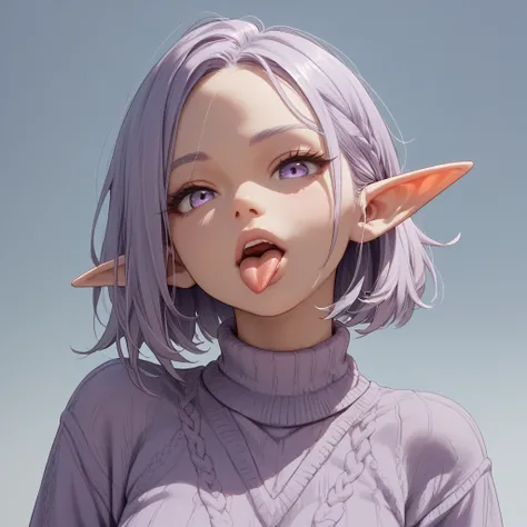  High Quality 　Elf　 looking at me 　light purple sweater with empty back　 stick out your tongue