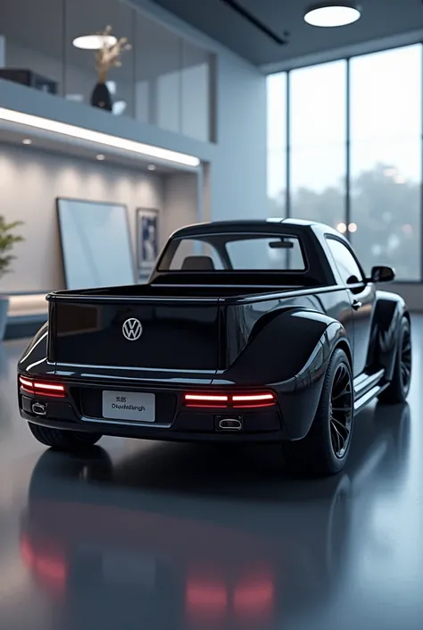 The realstic high quality 4k ultra image back view in showroom view and left side view black colour of 2025 Volkswagen beetle pickup