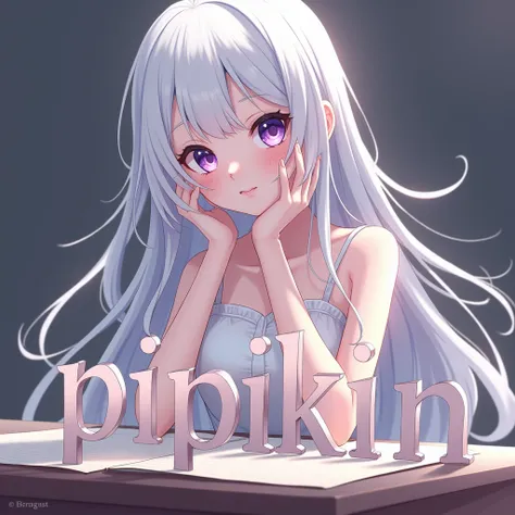 Anime girl with long white hair,  with purple eyes sits on the desk. And next to her, a 3D inscription  "pipikin"