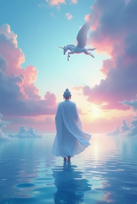 Gautam Buddh walking on the sea with unicorn sky and Wight dress fac