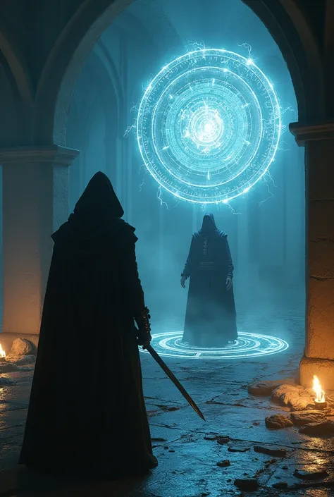 An assassin emerges from the shadows after a wizard who is casting a magic.