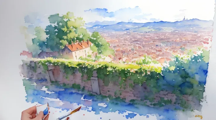 (masterpiece:1.2,  top quality ),( very detailed),(((watercolor))),8k, wallpaper,French landscape,Views from Montmartre Hill,(((透明watercolor)))