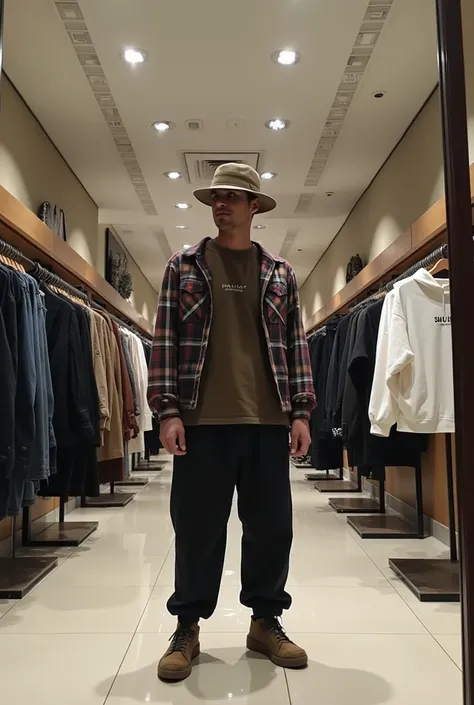 there is a man standing in front of a mirror in a clothing store, wearing a fisher 🧥, in a mall, at a mall, standing in front of a mirror, mohamed chahin style, very reflective, mirror selfie, highly reflective, baggy clothing and hat, appearing in a shopp...