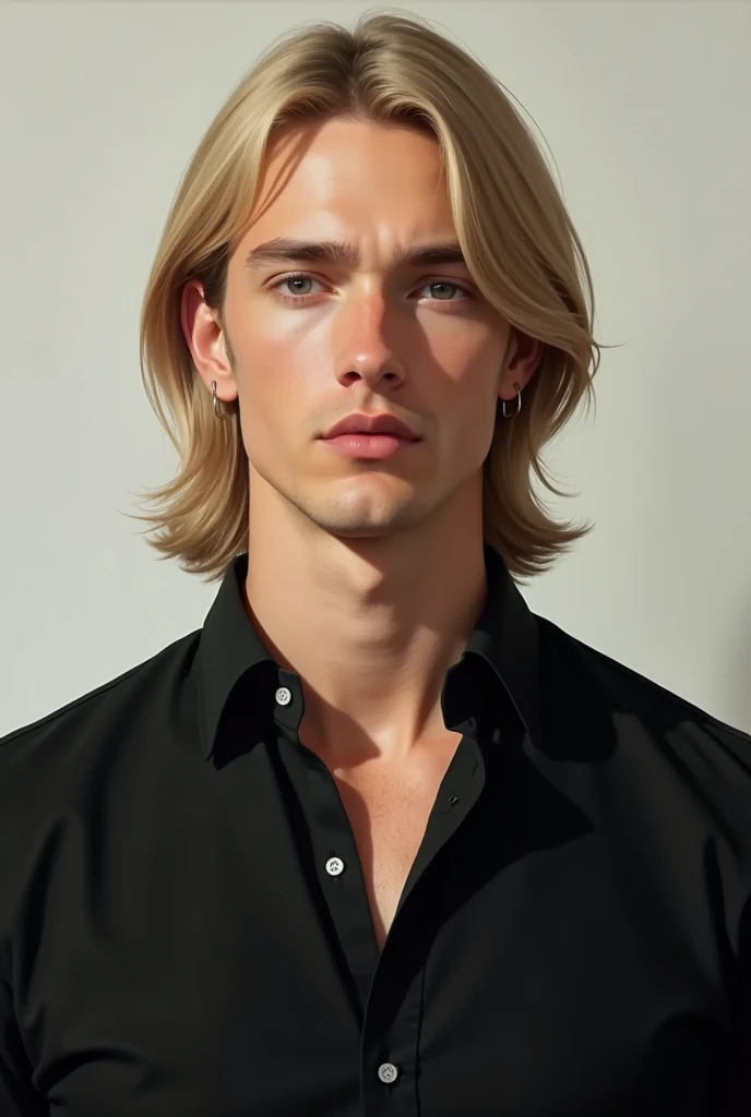 man. medium blond, straight hair, black blouse