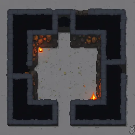 **Description:**
The image features a simplified, pixel-art dungeon scene viewed from a top-down perspective. The design includes:

1. **Layout:**
   - A grid-based structure with rooms and narrow hallways connecting them.
   - Walls are represented by dar...