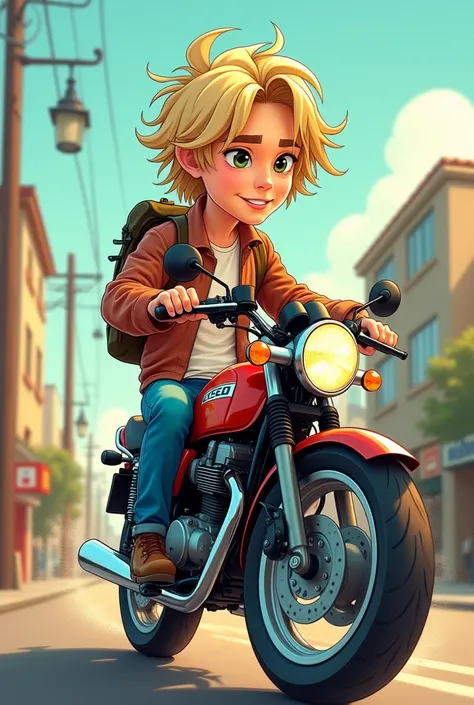 Cartoon image of a young man resembling Kurt Cobain riding a Kawasaki Z250 motorcycle smiling facial expression 