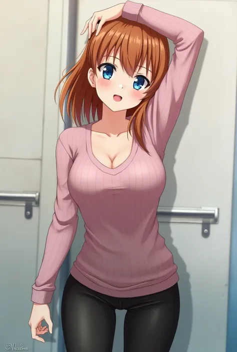 1girl:Miku nakano From the anime go toubun no hanayome, brown hair, 4k, HD, anime, sexy, big ass, beautiful, blue eyes, the best 8k resolution,Gym, leggings, tight, tight top, sexy, Blushing, gym,Tight black leggings that shine 