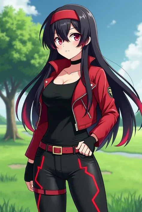 A anime girl, name Flare, her age is seventeen. her hair is long black with red tips, her eyes are crimson red, and her outfit is red leather jacket, and her black tank top. She wears also red plain headband and black choker, and lastly black fingerless gl...