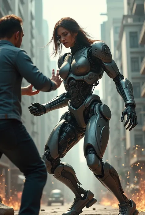 a women fight with man and women transform into fighting robot