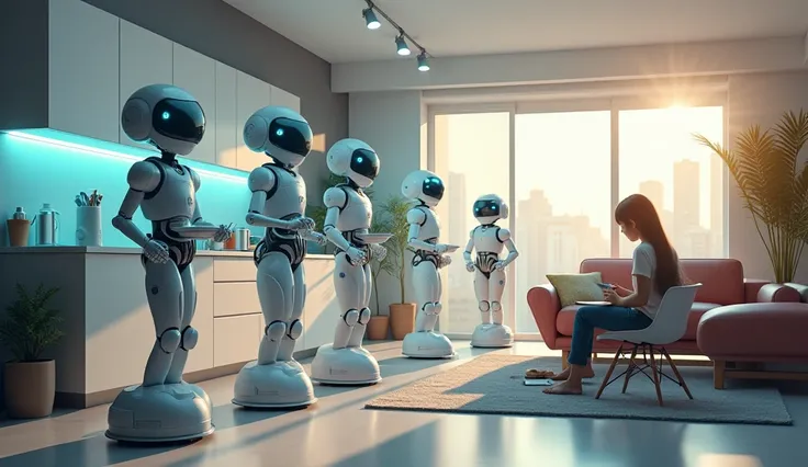 *"A futuristic scene depicting multiple robots performing various daily tasks in human life. Some robots are cooking in a modern kitchen, others are cleaning floors, taking care of plants, assisting ren with homework, and even serving coffee in a cozy livi...