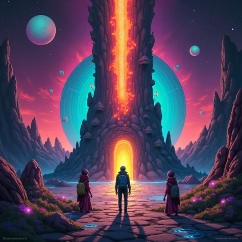 Sci-fi concept art featuring humanoid aliens peering through an interdimensional portal. Vibrant colors, alien landscapes and mysterious atmosphere.High resolution digital painting,surrounded by colorful planets and stars. Sci-fi concept art style.Digital ...