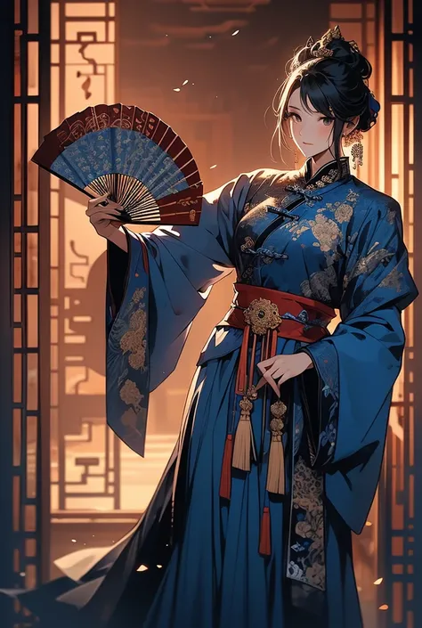 A person in traditional Chinese attire standing gracefully against a backdrop of ancient architecture, similar to a historical palace. The person is holding a fan with elaborate calligraphy, facing away from the viewer. The attire is elegant and ornate, fe...