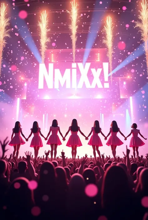 Picture a 6-person girl group performing on a very grand stage with fireworks as the background wearing a princess-like custom with a stage screen that reads NMIXX! With confetti flying and seen by many fans with sparkling lights.