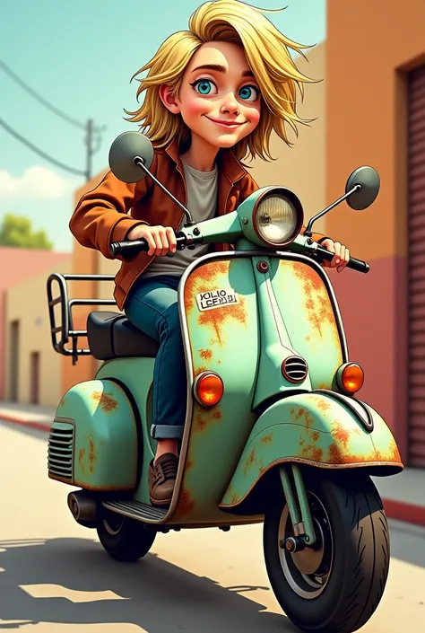 Cartoon image of a young man resembling Kurt cobain riding a rusty old vespa motorcycle smiley facial expression 