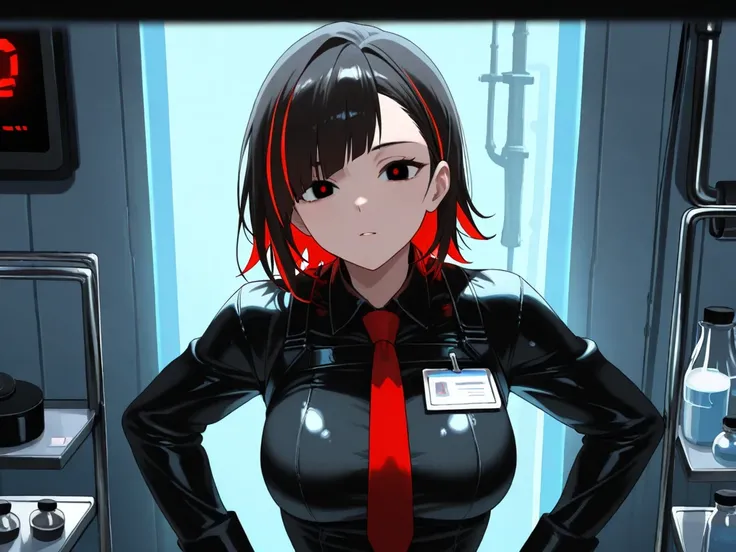  maximum resolution ,  very detailed ,  best quality,precise,  masterpiece, Solo,1 woman, black hair,Short, smooth hair ,, sideways bangs, highlights bright red hair,Needle-black eyes ,Red-eyed Widow ,Cold eyes,Sexy black researcher outfit ,Red Tie ,Chemic...