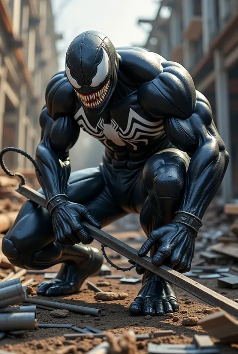 Venom confidently working on building a house with dark metallic tools, surrounded by construction materials.
