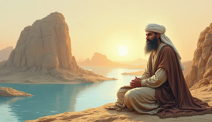 The Sheikh tells the story of the rock :**  is a drawing of the great Sheikh telling the story of the rock to Ahmed, with an imaginary scene of the rock and the river appearing in the background of the narration.