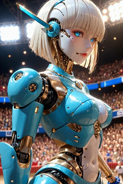 (female (Robot (holding sword))), robot face, glossy robot skin, blue bikini armor, Robot elbow, robot knee, robot groin, robot ankle, robot wrist, covered breasts, small waist, big hip, action pose, full body shot, in crowded arena, daylight