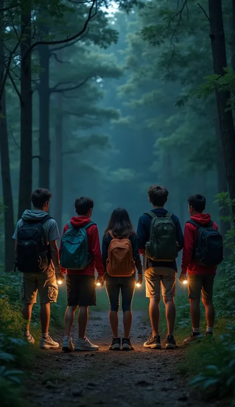 "Five young friends, wearing casual outdoor clothing, standing together near the edge of the mysterious forest. They appear excited yet slightly nervous, carrying flashlights and a backpack. The forest looms dark and foreboding in the background."