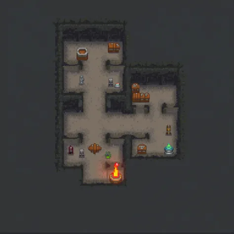 **Description:**
The image features a simplified, pixel-art dungeon scene viewed from a top-down perspective. The design includes:

1. **Layout:**
   - A grid-based structure with rooms and narrow hallways connecting them.
   - Walls are represented by dar...