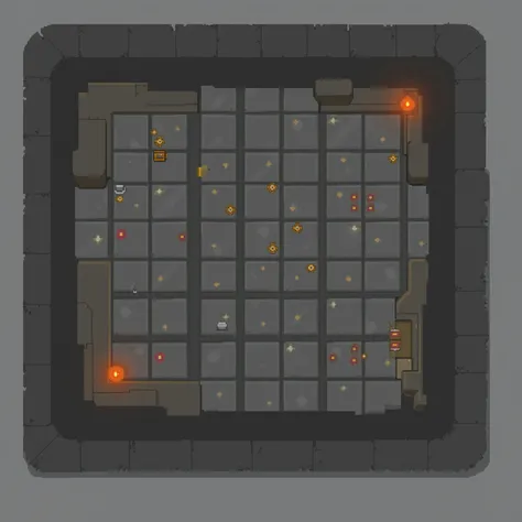 **Description:**
The image features a simplified, pixel-art dungeon scene viewed from a top-down perspective. The design includes:

1. **Layout:**
   - A grid-based structure with rooms and narrow hallways connecting them.
   - Walls are represented by dar...