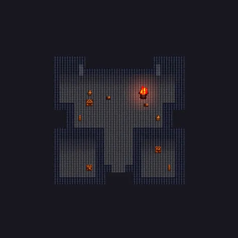 **Description:**
The image features a simplified, pixel-art dungeon scene viewed from a top-down perspective. The design includes:

1. **Layout:**
   - A grid-based structure with rooms and narrow hallways connecting them.
   - Walls are represented by dar...