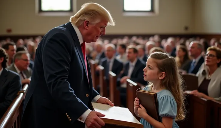 The image depicts a solemn and poignant moment in a well-lit church filled with attendees. A young girl, dressed in a light blue dress, holds an aged, worn book close to her chest. Her expression is serene, her eyes gazing upward with admiration. Standing ...