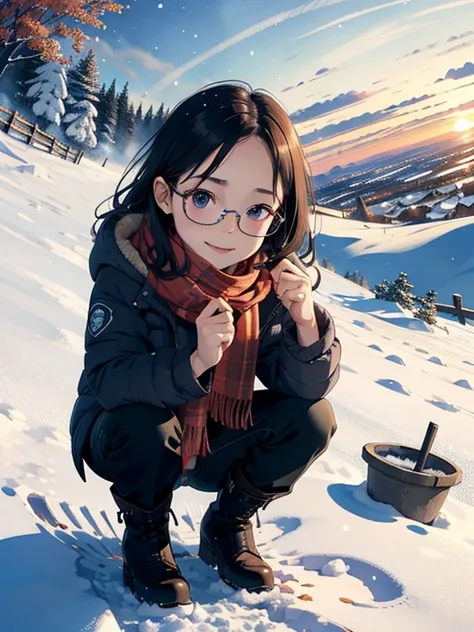 masterpiece，top quality， high image quality ，( super flat ， flat shading  )，Glasses，beautiful dark hair， fisheye lens， is a cute petite sow, a trained young mother and her lovely little daughter:1.2， warm scarf ， Down Jacket，(naked)， long hair， boots，smile...