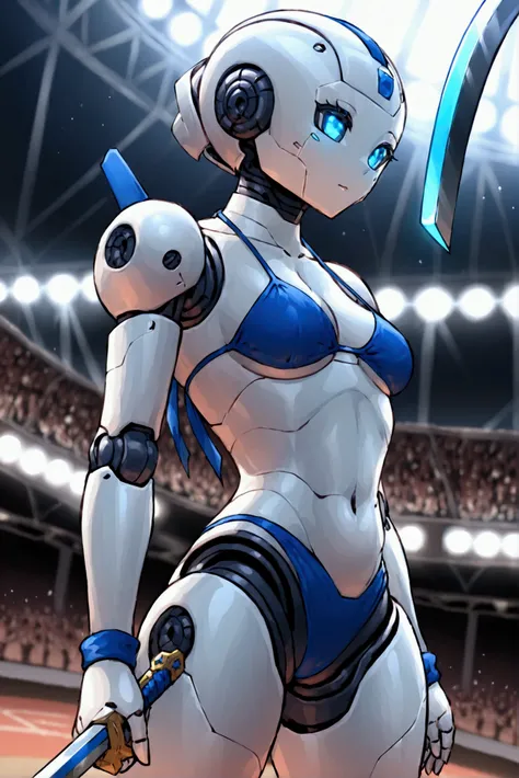 (female (Robot (holding sword))), robot face, glossy robot skin, blue bikini armor, Robot elbow, robot knee, robot groin, robot ankle, robot wrist, covered breasts, small waist, big hip, action pose, full body shot, in crowded arena, daylight