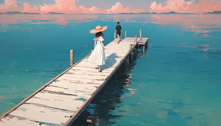  high res, masterpiece,  top quality ,  Pastel Art :1.3, Pier, girl in white dress and boy in white t-shirt,  Straw Hat 