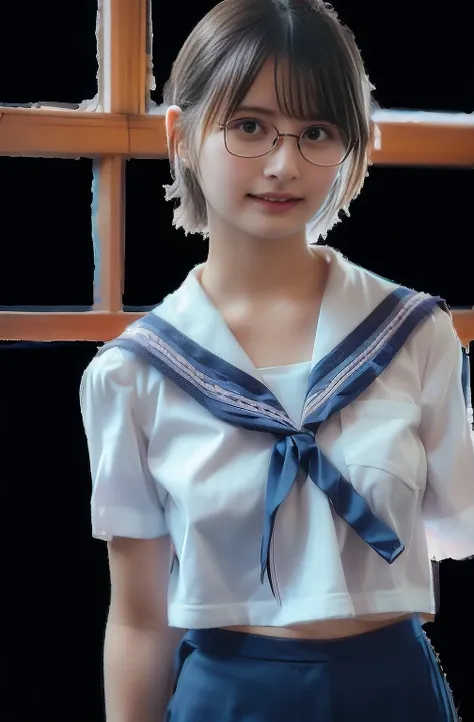 short hair, big boobs, Highlight Thighs,Glasses, with hair tied, happy face, Clothes Are See-Through ,Showing the whole body,Show me a beautiful leg face ,Short sleeve,pure white sailor clothes, a cute girl about , short,My chest sticks out ,background my ...