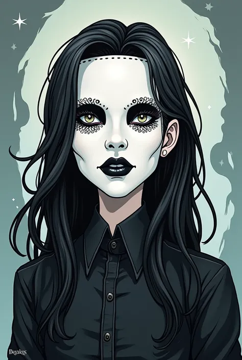 Goth guy, long hair, black lipstick, white mask, cartoon style