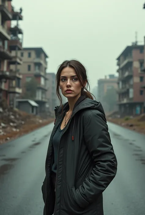 create a realistic image of a 30-year-old woman standing on a road. And behind this woman there are many damaged buildings in the big background. And the background of this picture should be from the Resident Evil movie. And on top of one of these building...