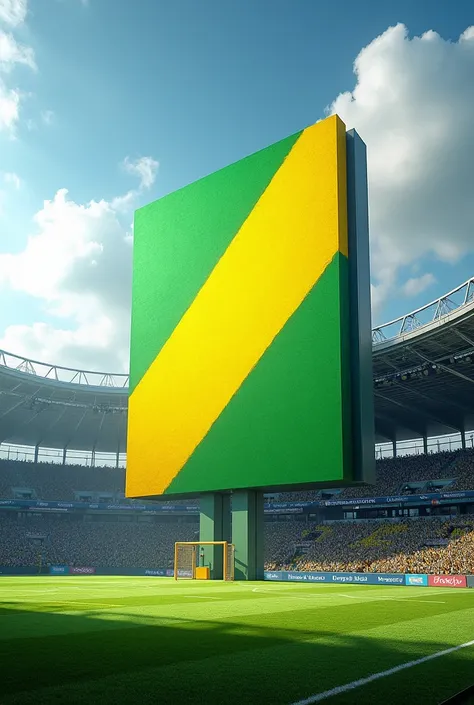 A huge, yellow and green sign rises on the playing field